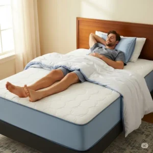 A tall man comfortably lying on a full extra long mattress, highlighting the extra legroom.