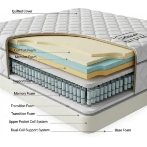 A detailed cross-section diagram showing the internal construction of a hilton mattress dimensions and weight, including support system and foam layers.