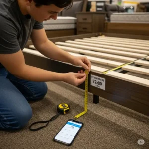A person accurately measuring a bed frame to confirm the 72x80 rv king mattress dimensions before purchasing.
