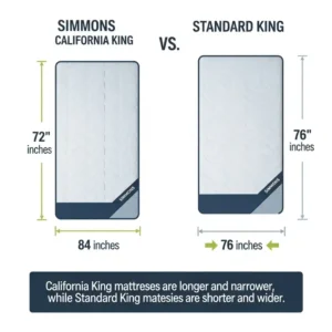 An infographic visually explaining how simmons king mattress dimensions differ from those of a California king, noting the key variations in length and width.