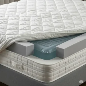 A softside water bed mattress, which looks like a traditional mattress, showcasing its supportive foam rails and a zippered cover.