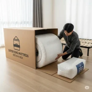 A person unboxing a new super king mattress, illustrating the simple setup process and the convenience of a bed-in-a-box delivery.