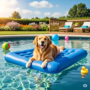 A waterproof dog air mattress is floating in a swimming pool with a happy dog lounging on it, illustrating its versatility as a poolside or backyard accessory.