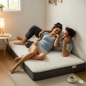 A happy couple relaxing on a 3 4 mattress, demonstrating that it provides enough space for two people in a small room.