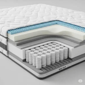 A cutaway view of a 42x80 mattress, showing the different layers of foam and support materials used in its construction.