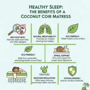 An infographic detailing the health benefits of using a coconut coir mattress, such as its anti-dust mite properties and natural breathability.