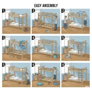 Step-by-step cartoon showing the easy assembly process for bunk beds with mattress, highlighting the simple tools required.