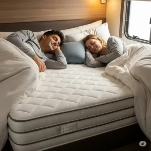 A happy couple sleeping comfortably on their new 72x80 rv king mattress, emphasizing the comfort and quality.