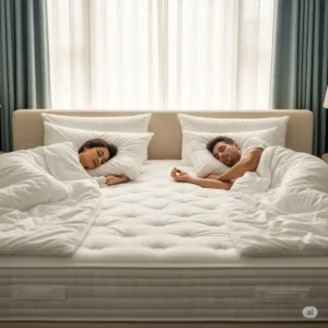 A couple comfortably sleeping on a spacious super king mattress, emphasizing the benefit of having plenty of room to sleep without disturbing one another.