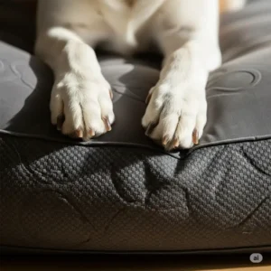 A close-up shot shows a dog's paws on the puncture-resistant surface of a durable dog air mattress, emphasizing the material's strength and longevity.