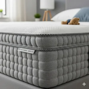 A family XL mattress corner with reinforced stitching and durable fabric, demonstrating its long-lasting quality and resistance to wear and tear from active families.