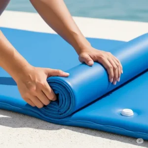 An image demonstrating how to easily roll up and carry a deflated floating water mattress for convenient transport and storage.
