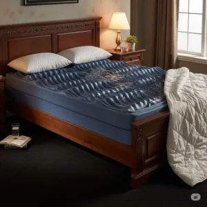 An image of a hardside water bed mattress, fitted into its wooden frame, highlighting the full motion wave experience it provides.