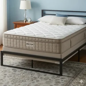A hilton mattress dimensions and weight properly placed on a box spring and bed frame, demonstrating its height and fit.