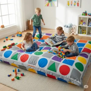 A colorful, durable bean bag mattress perfect for kids' playrooms, shown with children playing on it, highlighting its versatile and fun design.