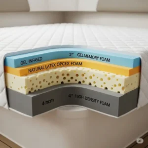 A cutaway view of a boat mattress showing the different layers of foam for support and comfort, such as memory foam or latex.