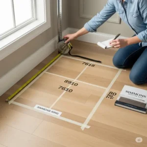 A photo of someone using a tape measure to confirm the room's space matches the required simmons king mattress dimensions before purchasing.