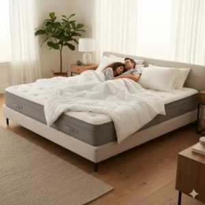 A couple enjoying extra sleeping space on their new olympic queen mattress size.