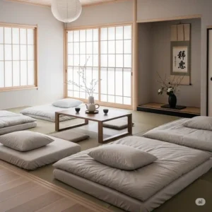 A photo of a minimalist Japanese-style room with several japanese tatami mattresses arranged on the floor, showcasing a serene and uncluttered living space.