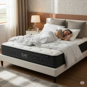 A happy customer sleeping soundly on a 42x80 mattress, illustrating its comfort and suitability for a good night's rest.