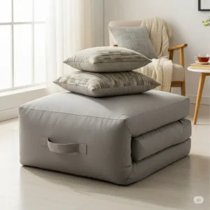 A folded bean bag mattress with a handle, emphasizing its portability and convenience as a guest bed or extra seating option.