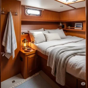 A well-appointed boat cabin with a comfortable boat mattress, illustrating a cozy and inviting sleeping space on the water.