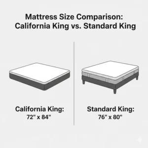 A comparison chart illustrating the size difference between a california king pillow top mattress and a standard king mattress.
