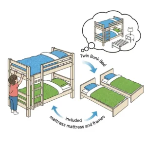 Illustration of a versatile bunk beds with mattress that can be converted into two separate twin beds, demonstrating the flexibility of the design.