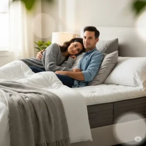 A happy couple comfortably relaxing on a spacious 66x80 mattress.
