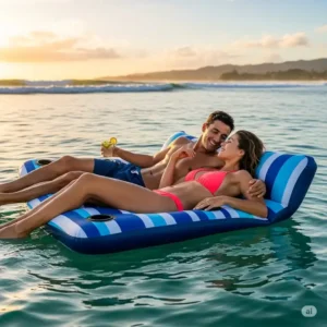 A couple enjoying a romantic moment together on a durable, two-person floating water mattress in the ocean.