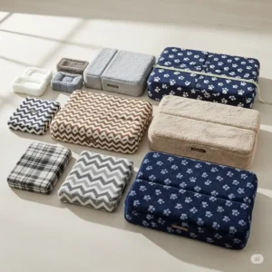 an image displaying various sizes of dog mattress covers suitable for different breeds