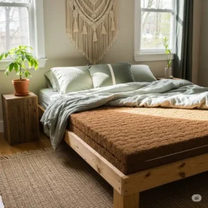 An image of a coconut coir mattress in a bedroom setting, with a small plant on the nightstand, highlighting its eco-friendly and sustainable nature.