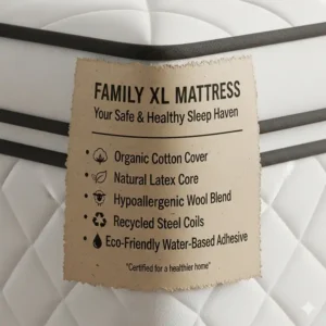 An image of a family XL mattress tag, displaying a list of hypoallergenic and eco-friendly materials used in its construction for a safe and healthy sleeping environment.