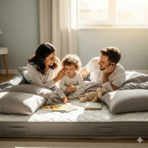 A family enjoys the extra space on a Florida king mattress, perfect for co-sleeping or leisurely family time.
