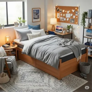 A full extra long mattress as the centerpiece of a well-organized and cozy dorm room.