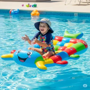 A child happily playing on a brightly colored, fun-themed pool floating mattress.