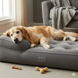 A senior dog with joint issues is lying on an orthopedic dog air mattress, which provides excellent support and relief for their hips and joints.