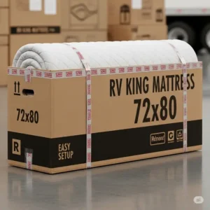 A tightly compressed and rolled-up 72x80 rv king mattress in a box, ready for convenient delivery and setup.