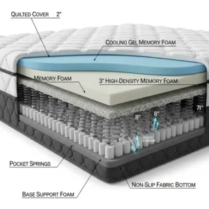 A cross-section diagram showing the different layers and materials of a super king mattress, such as memory foam, springs, and cooling gel, to demonstrate its construction and comfort.