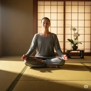 A peaceful scene of a person sitting in a lotus position on a japanese tatami mattress, using it for meditation and yoga.