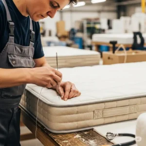 A photo from a mattress factory showing a worker hand-stitching a new 3 4 mattress, emphasizing quality craftsmanship.