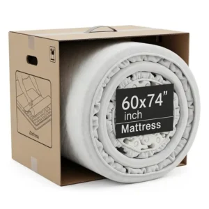 An image of a 60 x 74 mattress compressed and rolled in a box, ideal for easy shipping and handling.