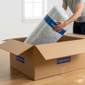 A compressed 66x80 mattress being unboxed, showing the convenience of a mattress-in-a-box delivery.