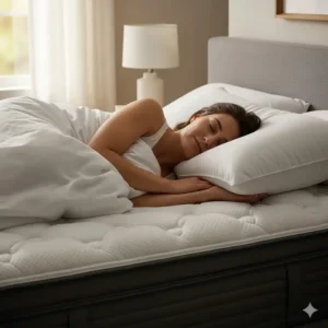 A person sleeping comfortably on their side on a california king pillow top mattress, demonstrating its plush support.