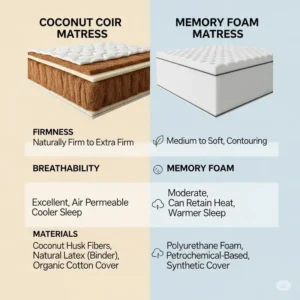 A comparison chart showing the key differences between a coconut coir mattress and a traditional memory foam mattress, focusing on firmness, breathability, and materials.