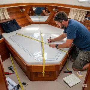 A person creating a template for a custom boat mattress, showing the process of measuring a unique boat bed shape.