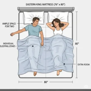 This diagram shows a couple sleeping comfortably on an eastern king mattress size, illustrating the ample room available.