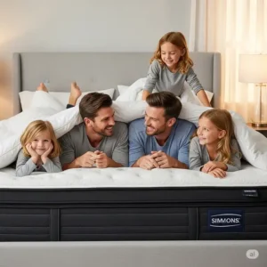 A family comfortably relaxing on the wide surface, demonstrating how the generous simmons king mattress dimensions provide ample room for multiple people.