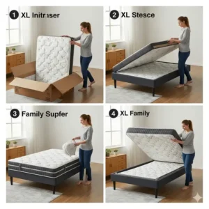 Step-by-step illustrations showing the easy unboxing and setup process for a new family XL mattress, from compressed roll to full size.
