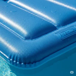 A close-up shot highlighting the high-quality, puncture-resistant material used to construct a floating water mattress.